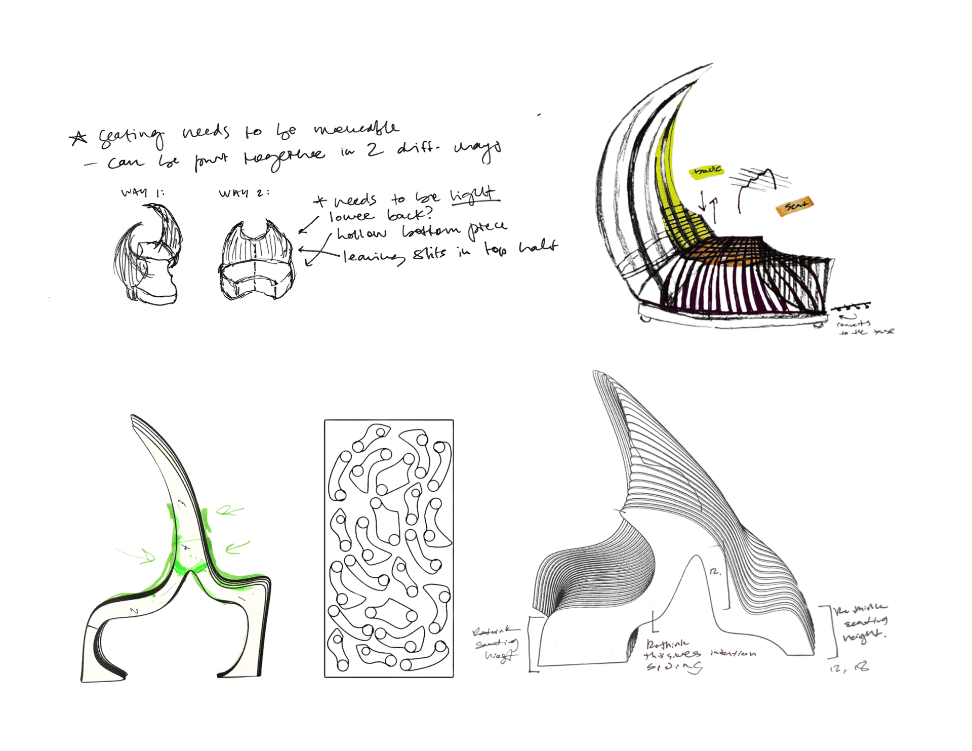 Hand sketches and annotated studies develop the modular seating logic, material layering strategy, and curved back geometry across multiple joinery configurations.
