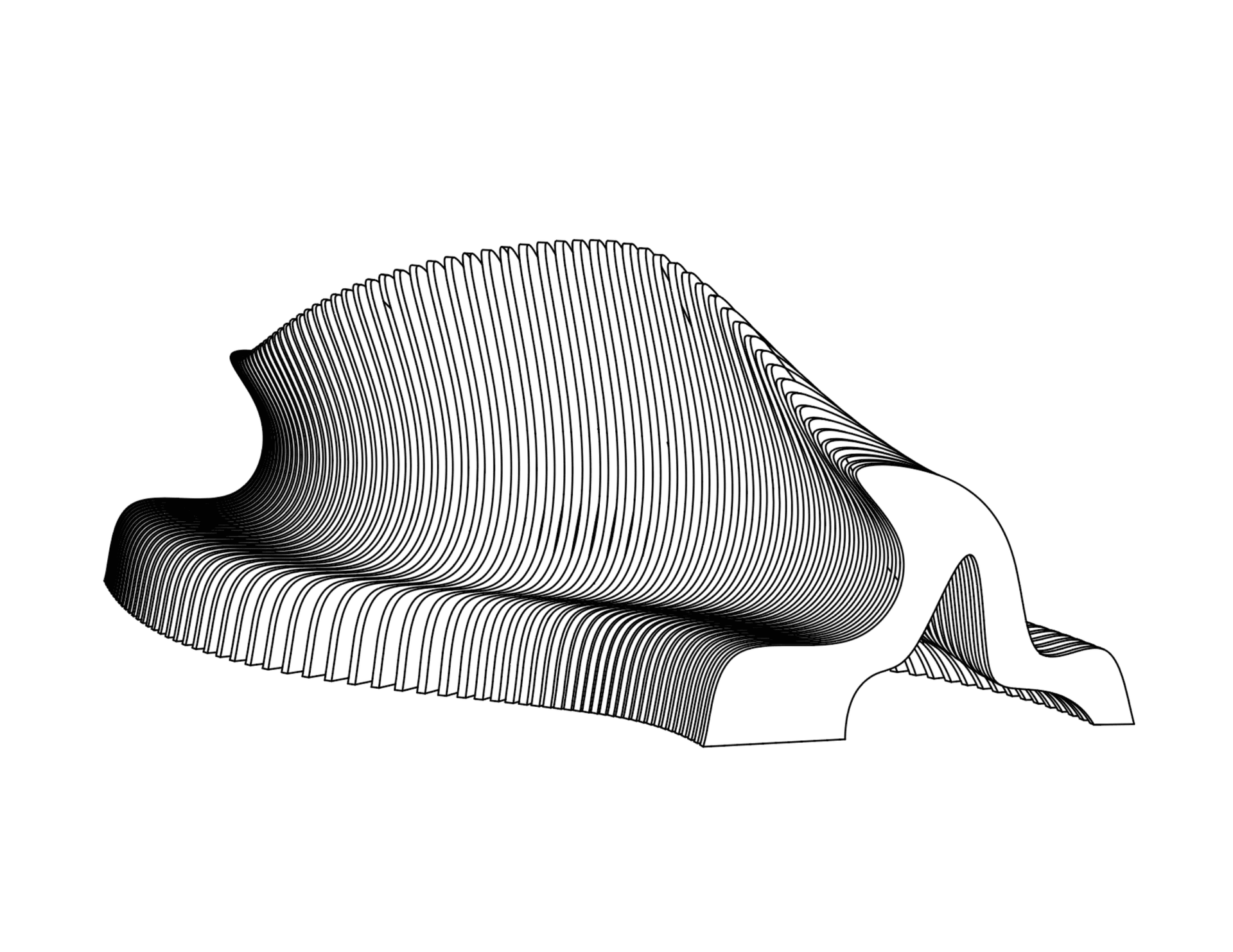 Grasshopper contour model renders the full seating form as a dense field of parallel section cuts, revealing how digital slicing translated surface curvature into fabricable layers.