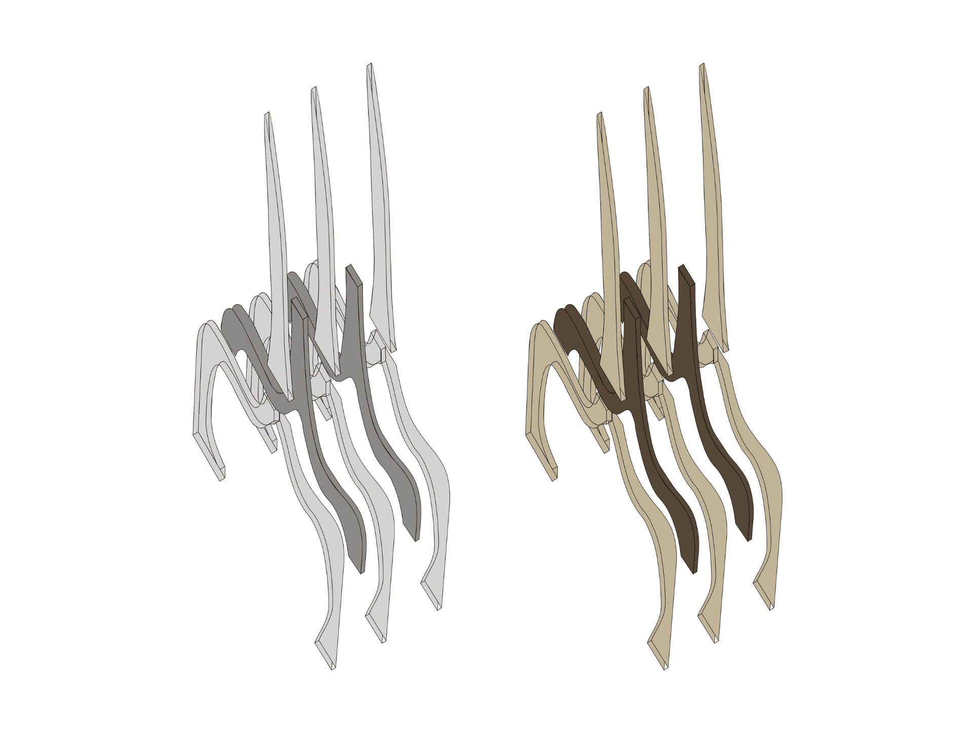 Side-by-side exploded axonometrics show grey-scale and wood-tone material variations, clarifying how individual curved members interlock to form the complete chair assembly.