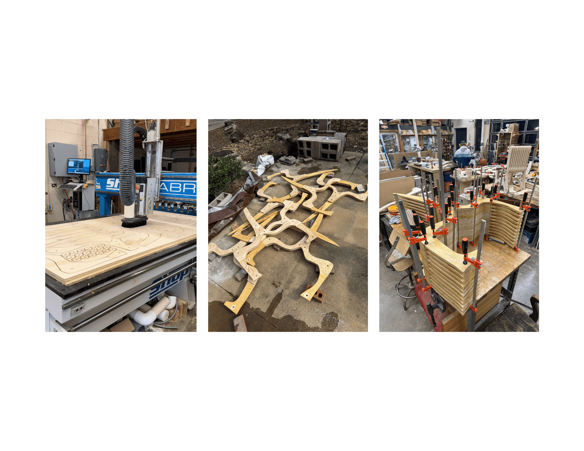 Three-photo fabrication sequence documents CNC routing on the ShopSabre, freshly cut components laid out on the shop floor, and glue lamination under clamp pressure.