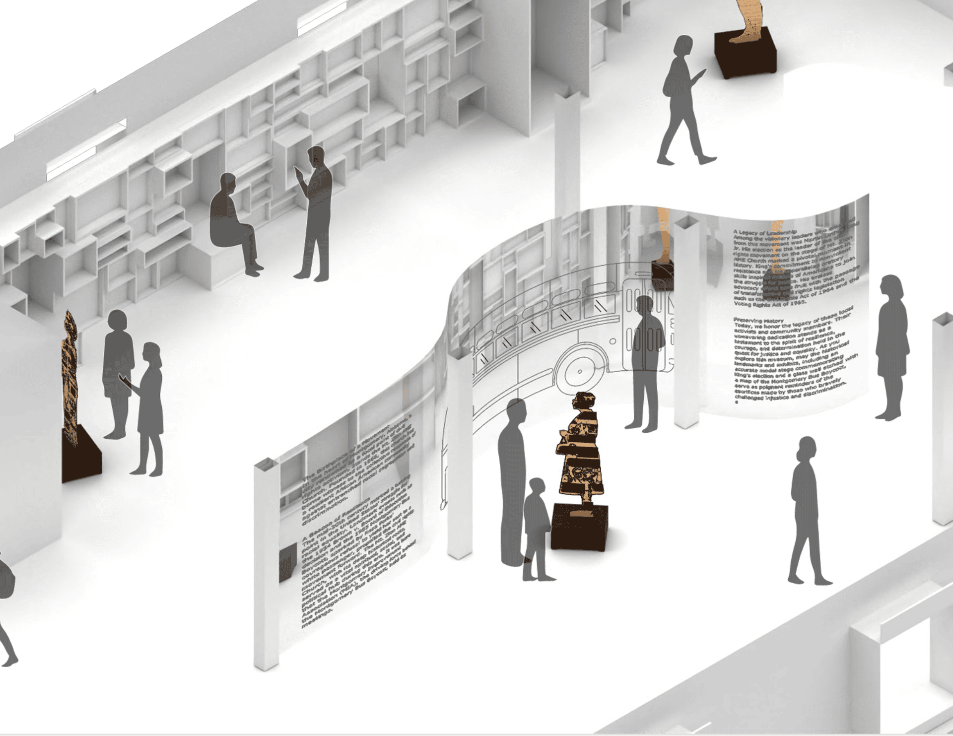 Axonometric interior render positions multiple silhouette figures throughout the church museum space alongside visitors, curved narrative panels, and layered exhibition zones.