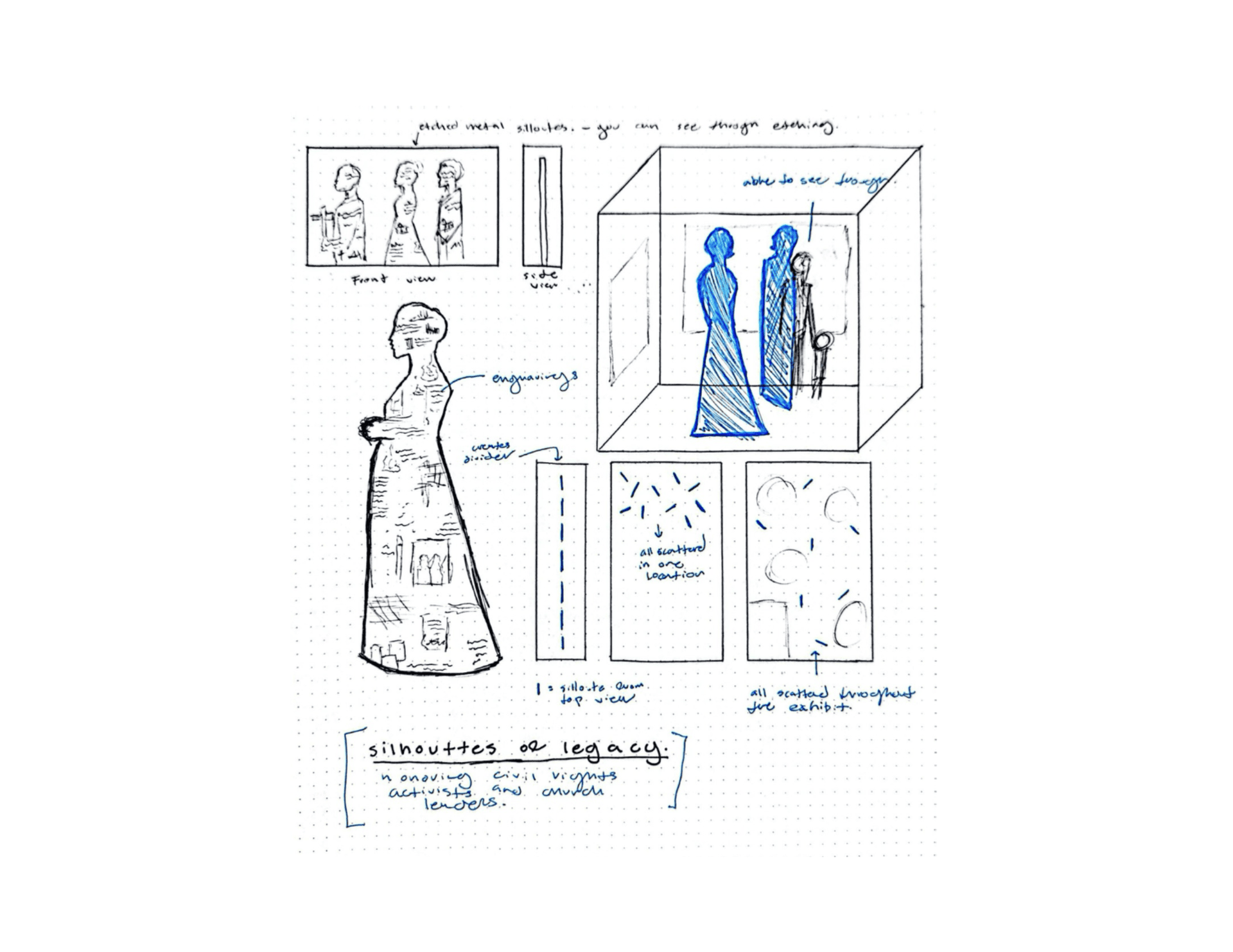 Early concept sketches develop the silhouette form — exploring engraved metal surfaces, spatial placement strategies, and the phrase 'silhouettes of legacy.'