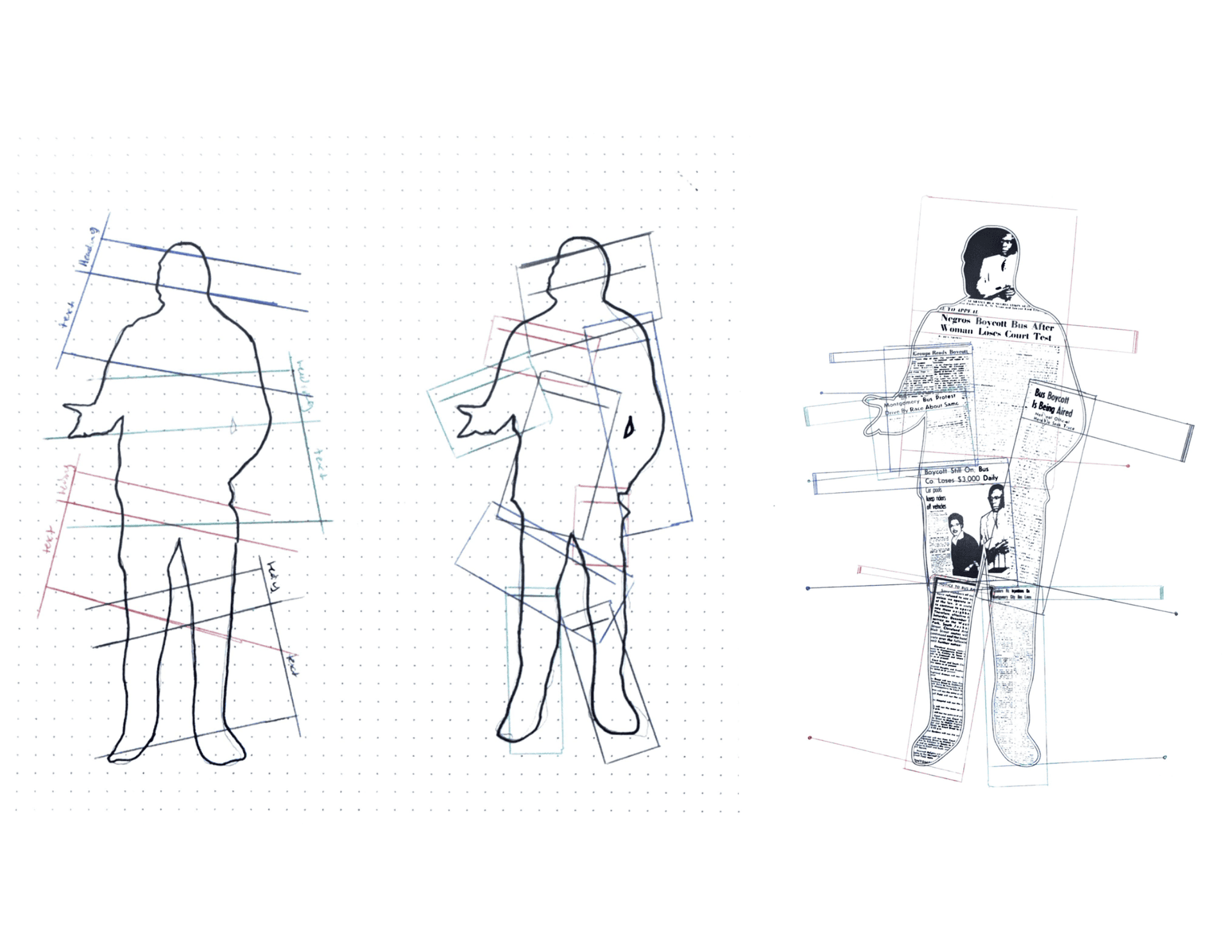 Three-stage AutoCAD development process moves from scaled figure outline, to proportional text block placement, to final layered newspaper and imagery registration across the silhouette body.