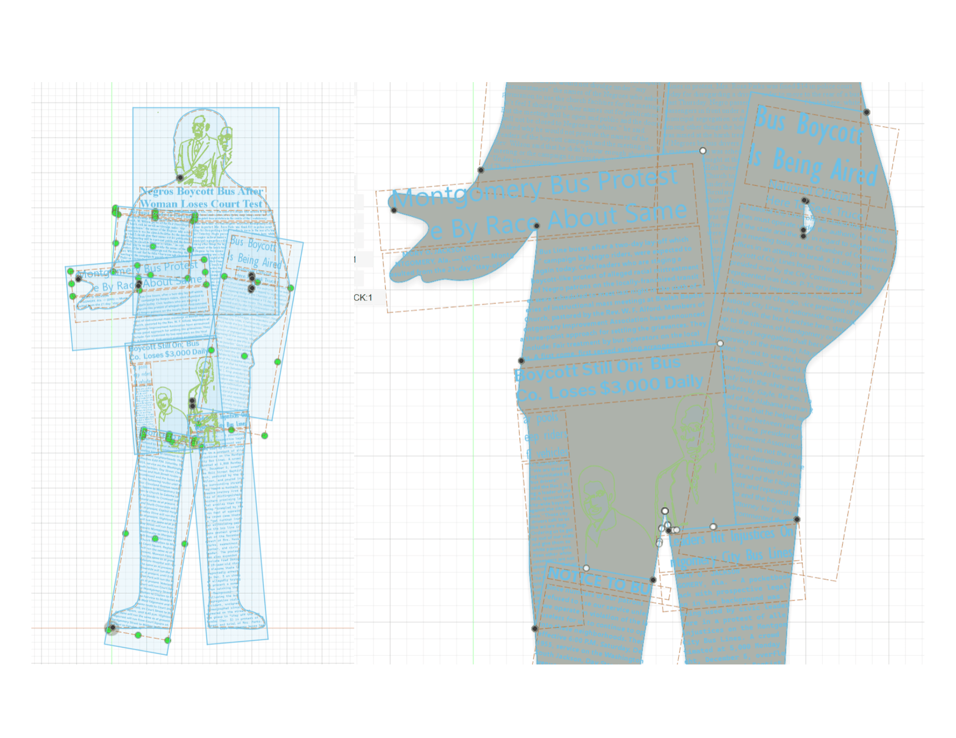 AutoCAD file detail shows full text and image content mapped across the figure with precision bounding boxes, registration points, and layered newspaper headlines embedded at scale.
