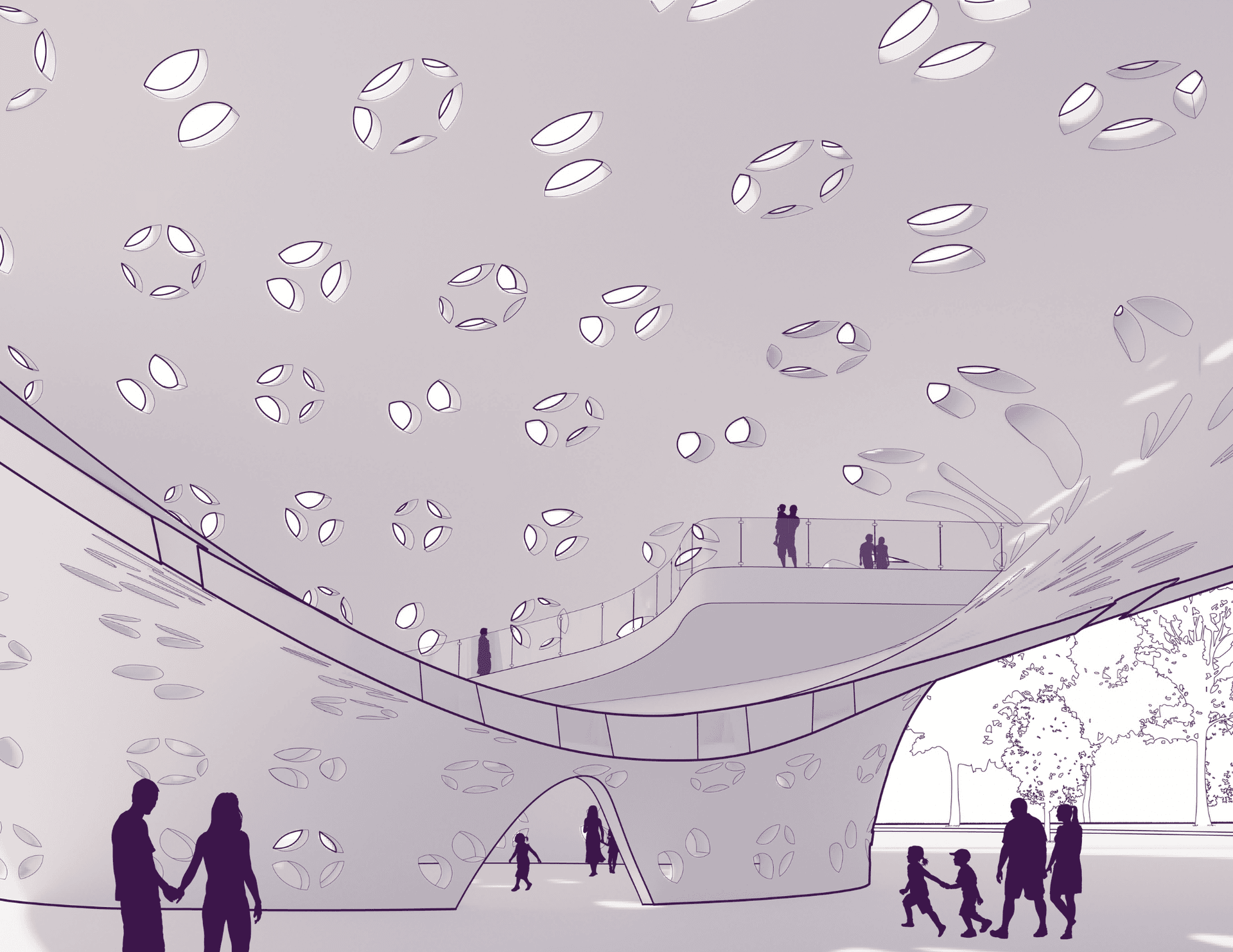 Interior perspective render shows visitors beneath a perforated canopy punctuated by petal-shaped openings that filter light across curved walls and a spiraling ramp.