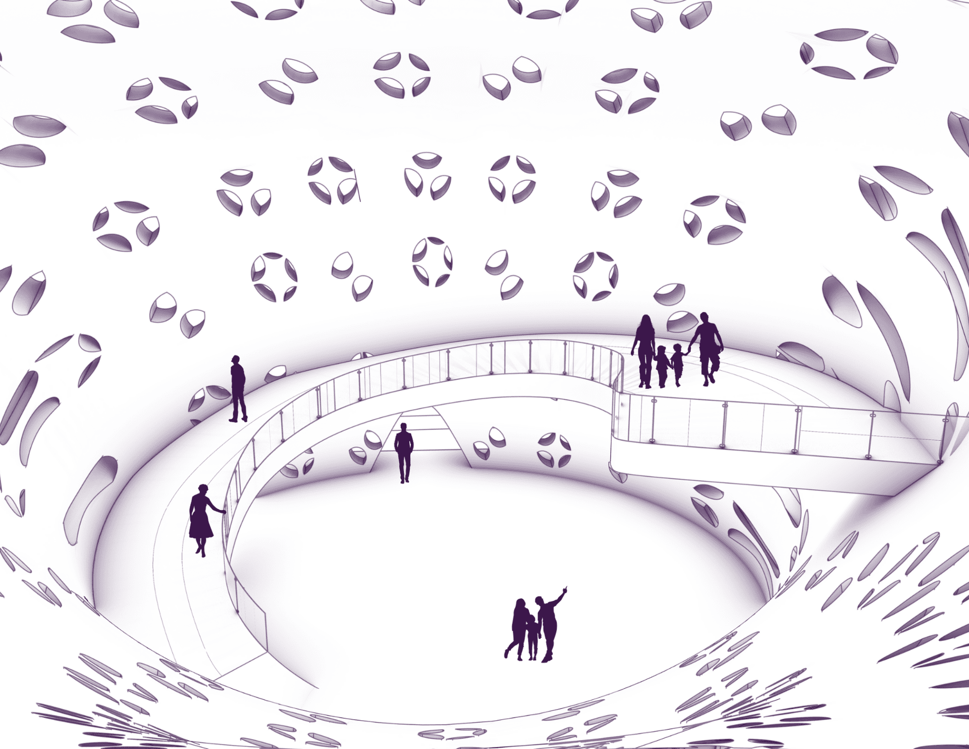Bird's eye interior render reveals the circular ramp system and clustered ceiling perforations designed to regulate moisture and distribute spore dispersal.
