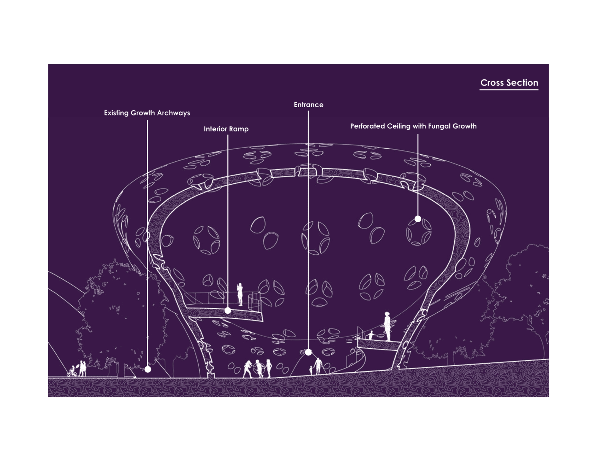 Annotated cross section diagrams the entrance sequence, interior ramp, existing growth archways, and perforated ceiling zones designated for active fungal growth.