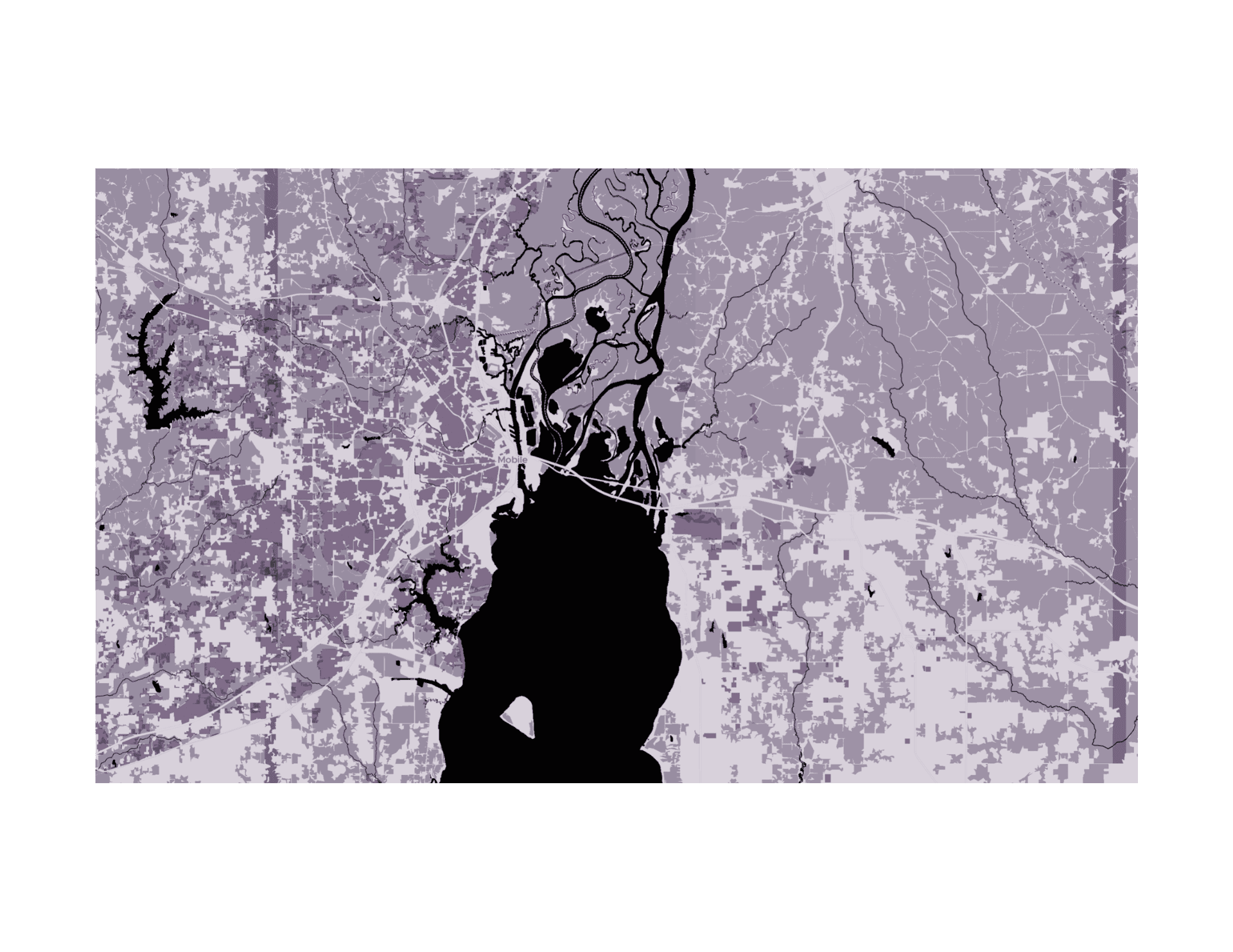 Regional map of Mobile, Alabama renders urban fabric, waterways, and forest cover in layered purple tones to establish site context.