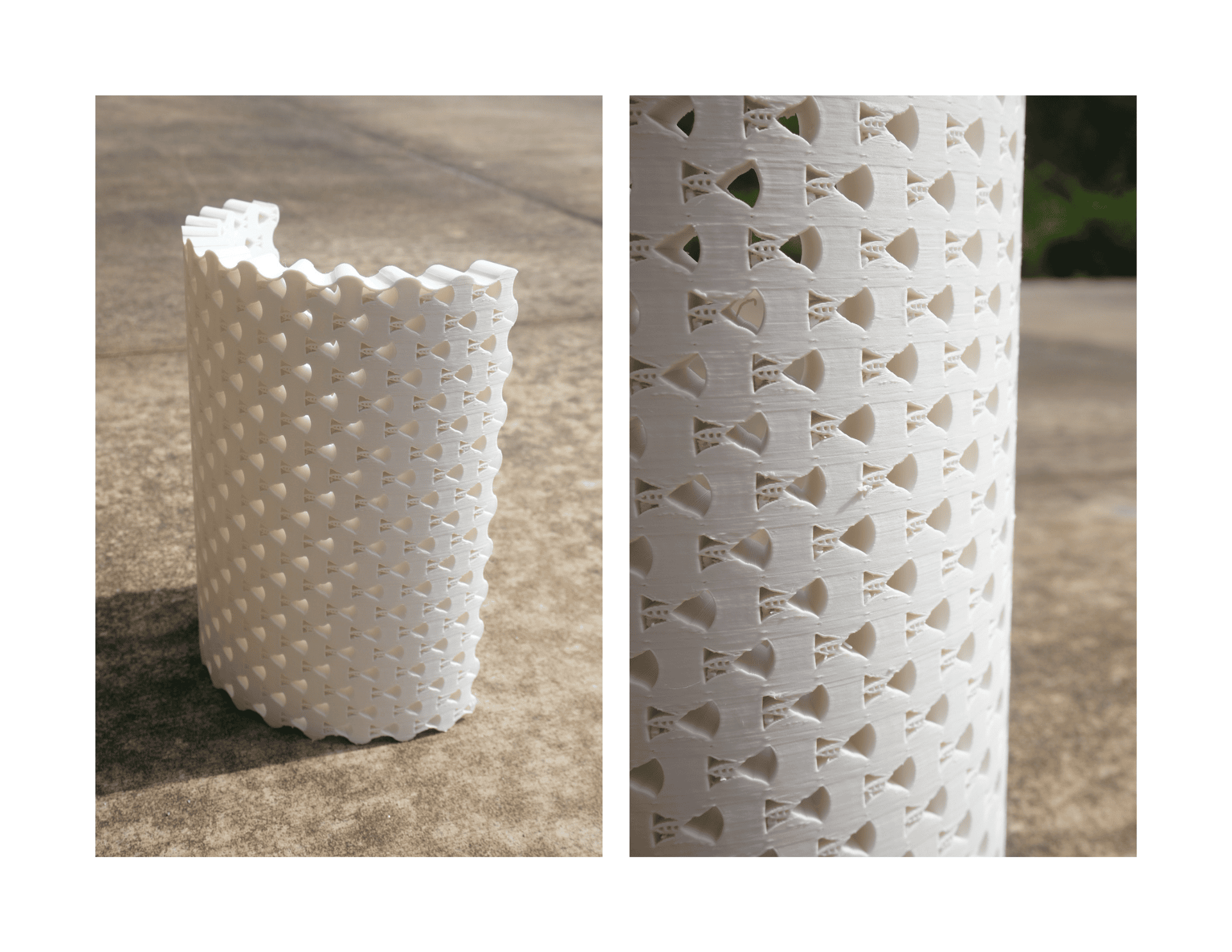 Two-photo close study of the 3D-printed perforated tower module — full form on the left, zoomed surface texture on the right revealing the interlocking triangular perforation pattern at detail scale.
