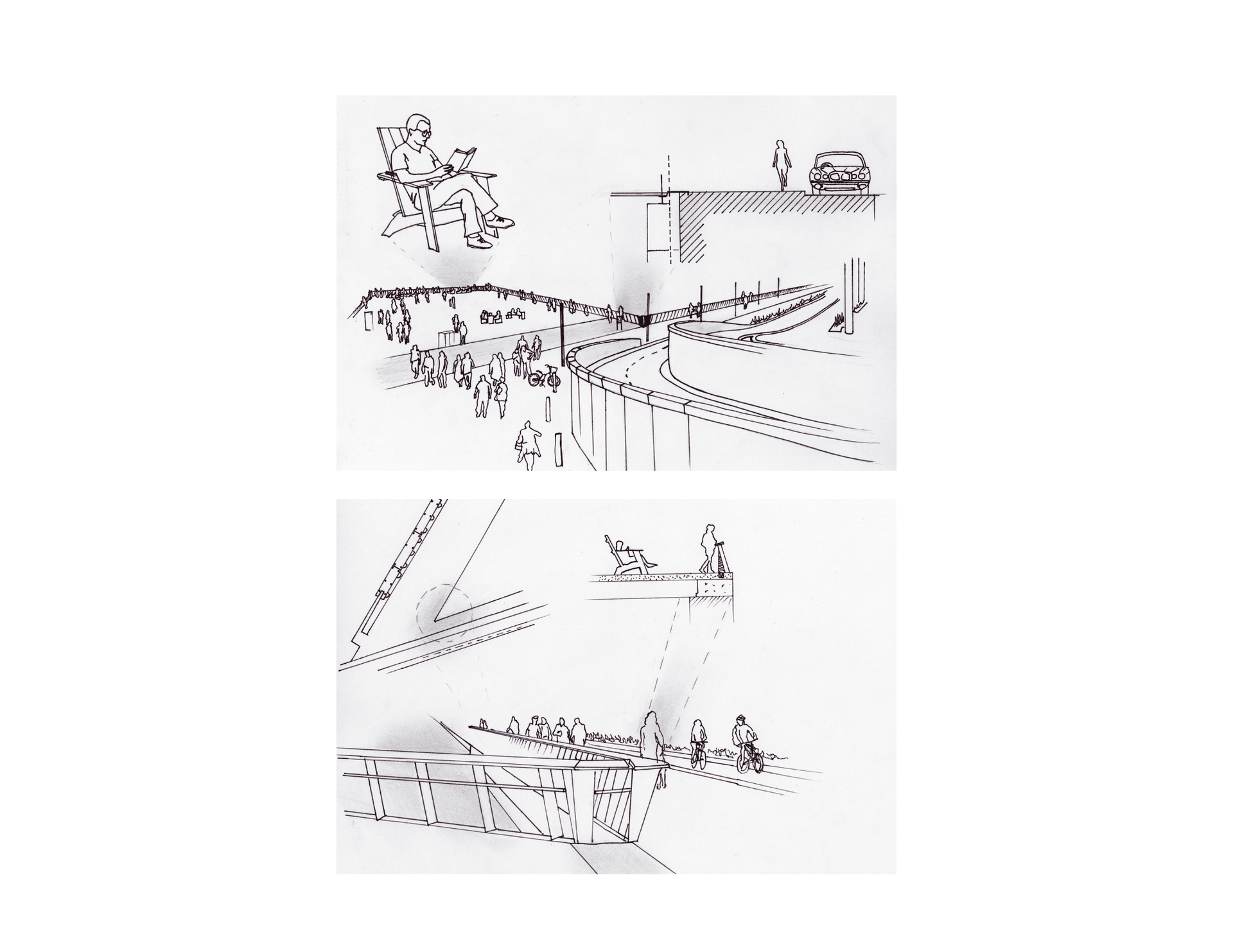 Two hand-drawn perspectives imagine public occupation of the elevated waterfront structure — figures reading, cycling, and gathering across cantilevered walkways above tidal water.