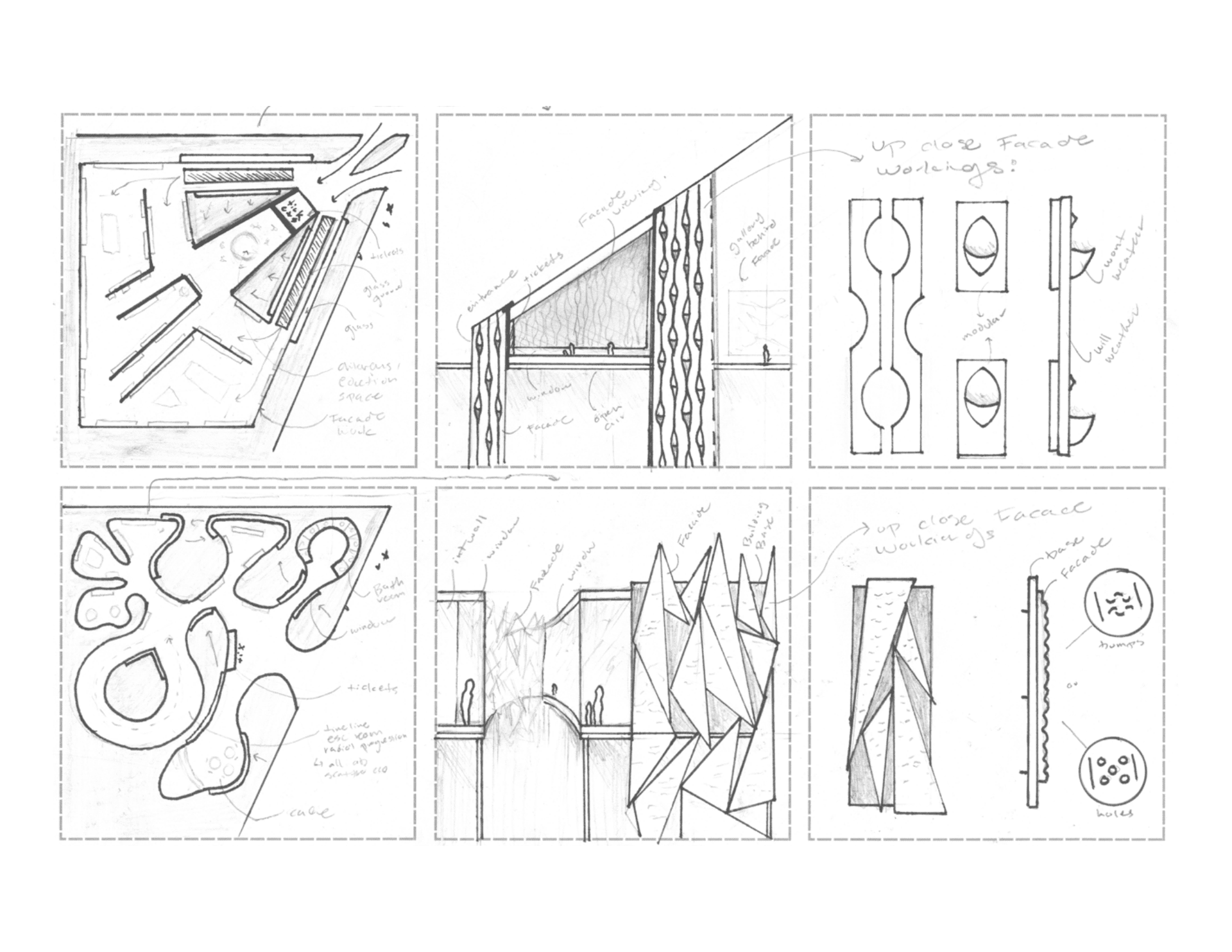 Six annotated sketch studies develop plan configurations, facade section details, close-up module workings, and surface porosity strategies across two rows of iterative drawings.