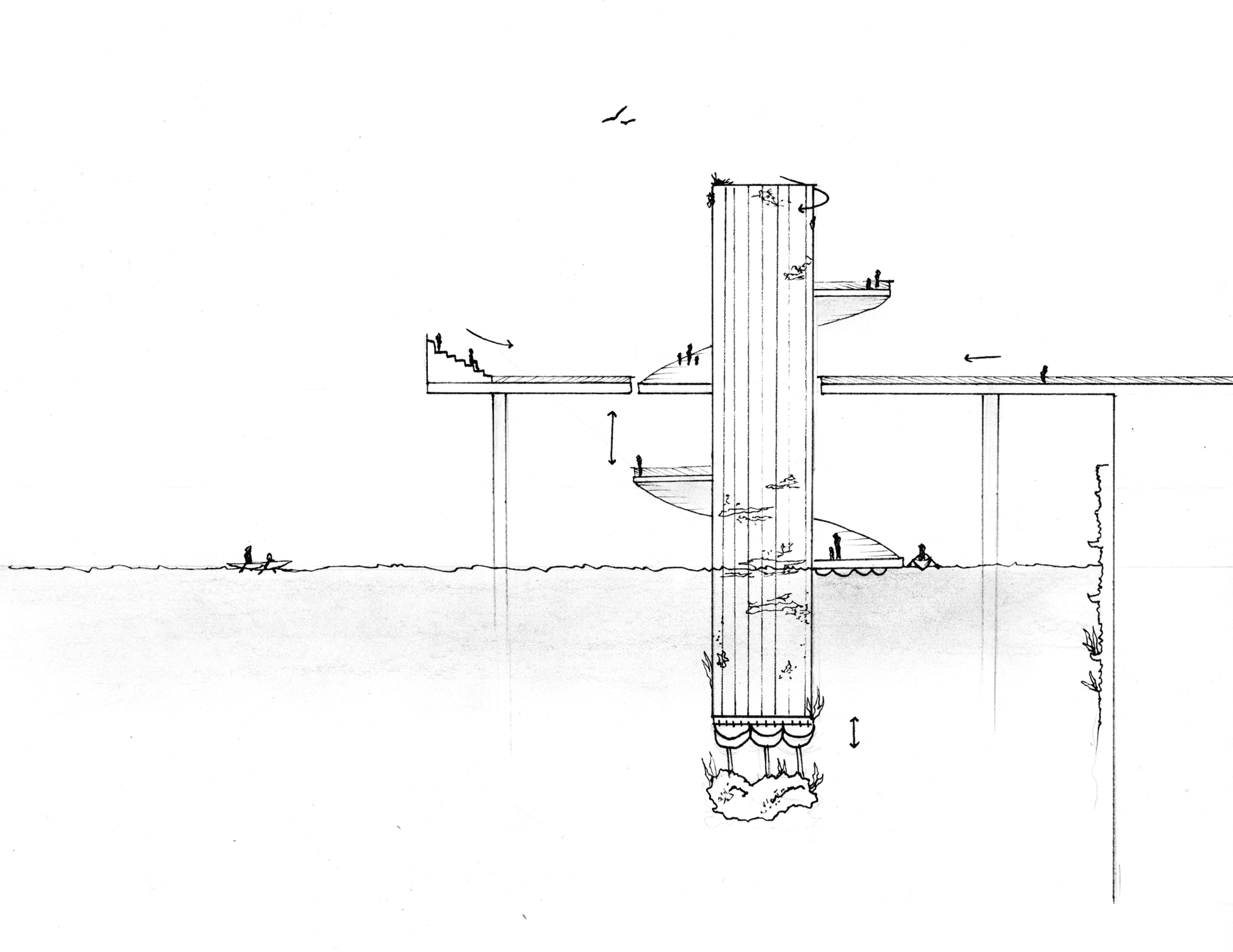 Hand-drawn section through the full tower system shows spiral ramp circulation, elevated walkways, tidal waterline, subaquatic ecology, and human figures occupying every vertical zone.