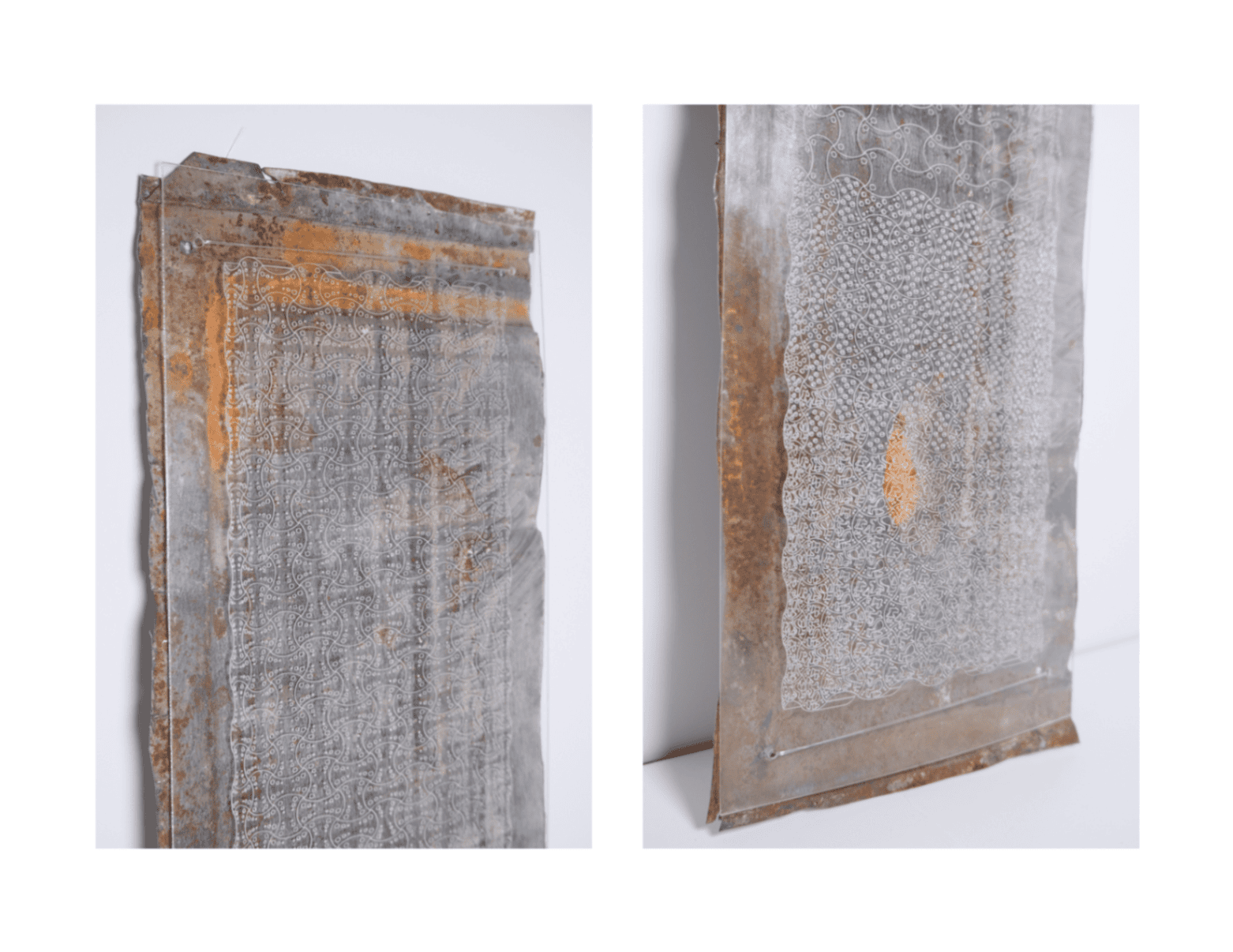 Four hinged acrylic panels stand upright against a black background — each etched with modular facade linework and painted with orange rust and yellow-green ecological buildup, layering time across transparent surfaces.