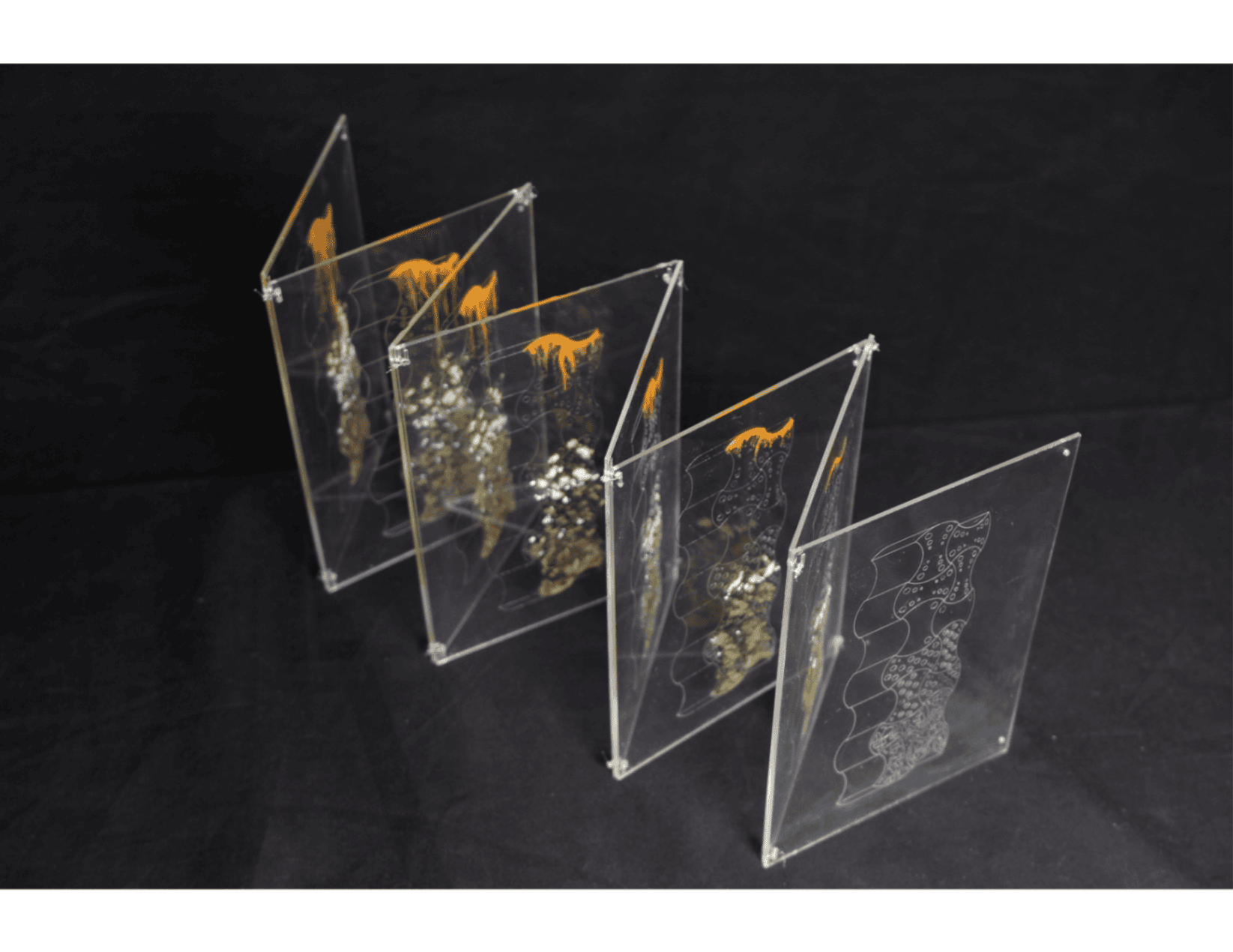 Six hand-sketched module studies in two rows explore surface articulation variations — holes, slashes, and organic crack patterns — paired below with nine 3D-printed white module prototypes testing each surface logic at scale.
