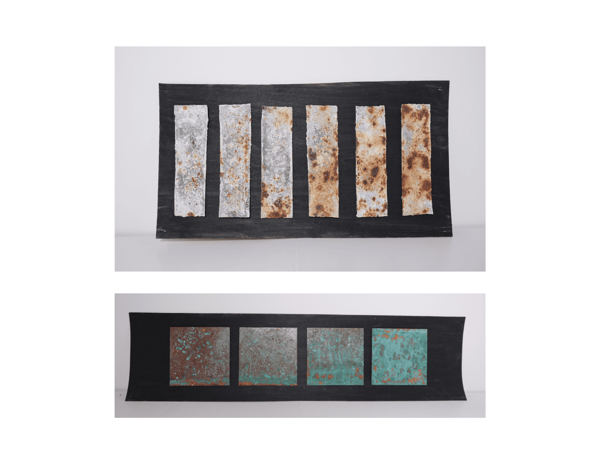 Twelve watercolor section sketches arranged in a 4×3 grid test tidal structure typologies — rock-encrusted towers, rusted steel columns, intertidal walkways, submerged platforms, and cantilevered observation decks above waterline.