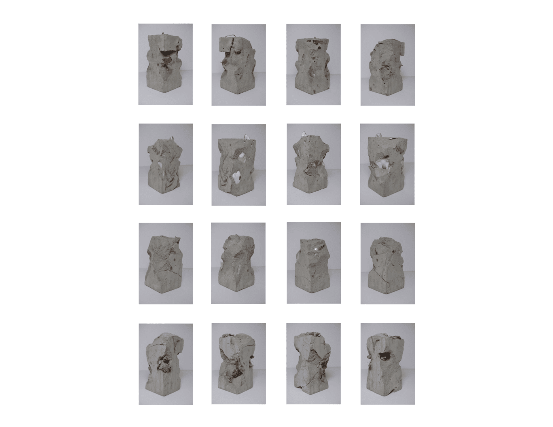 Sixteen concrete cast blocks arranged in a 4×4 grid document the full range of embedded material inclusions — copper, shells, metal strips, and wood — each chiseled open to reveal how organic and metallic inclusions bonded, fractured, and migrated within the cast matrix.