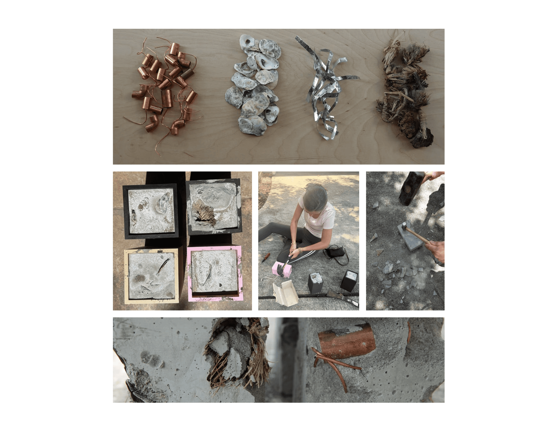 Six-photo composite documents the full concrete casting process — raw inclusions laid out (copper fittings, oyster shells, aluminum strips, dried plant matter), cast tiles in molds, Annie mixing on the ground, hammer breaking open casts, and two close details of fractured concrete revealing embedded materials.