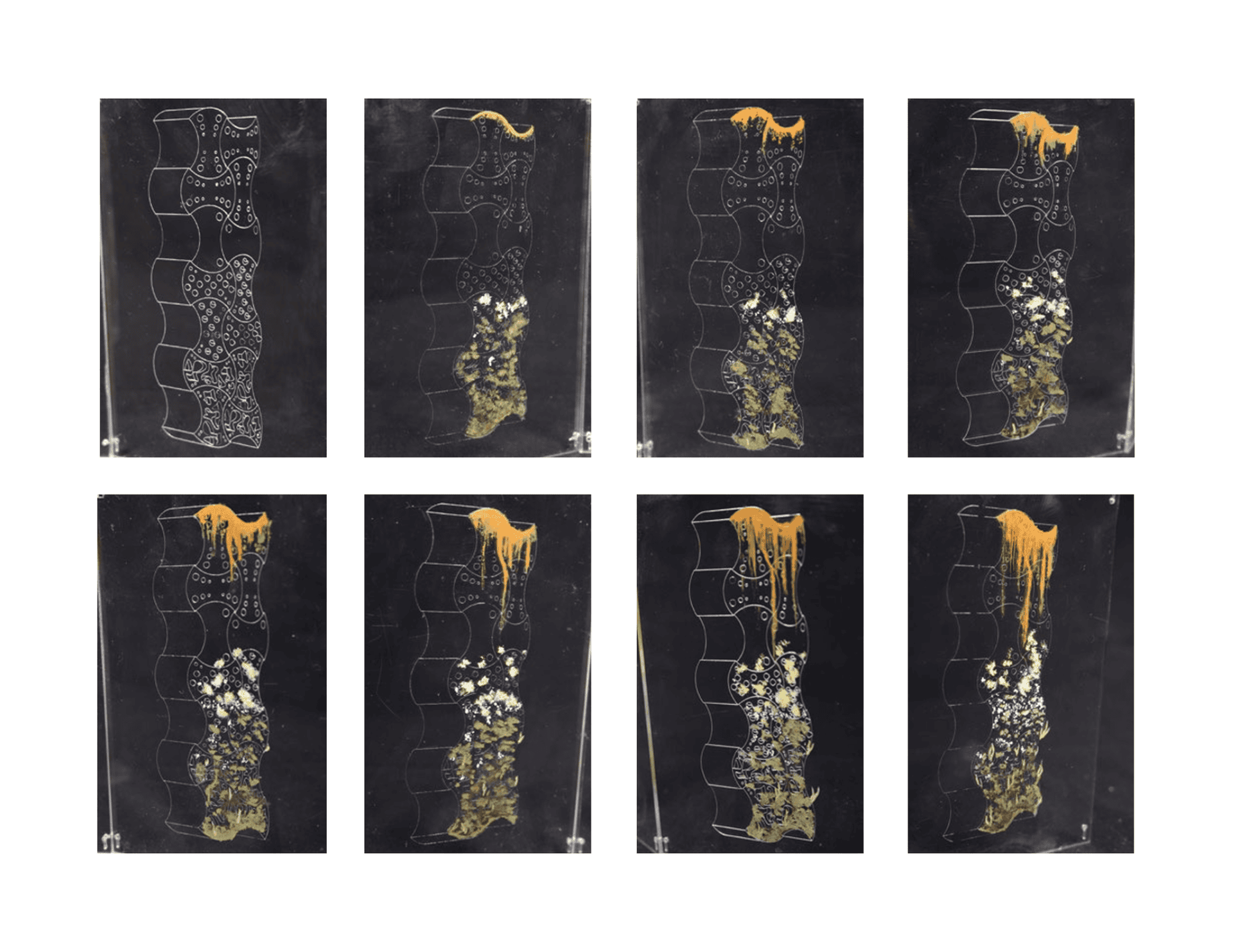 Eight acrylic etched panels arranged in two rows display a time gradient — beginning with a clean white module linework etching and progressing through increasing orange rust drip and yellow-green ecological buildup colonizing the facade surface.