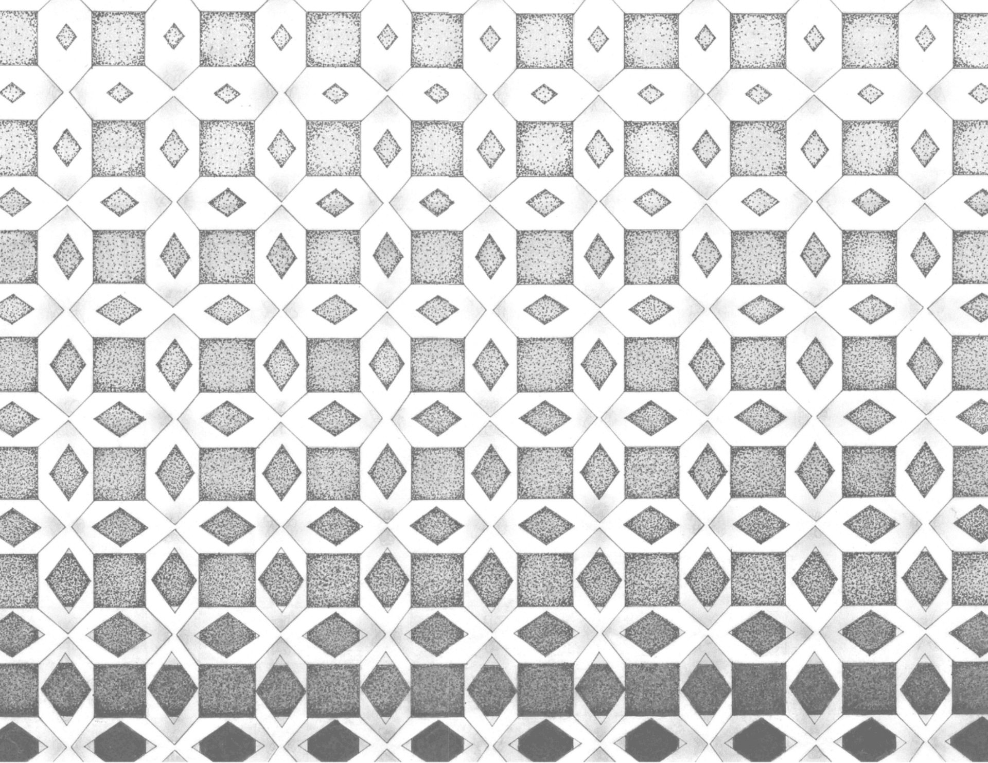 Hand-rendered graphite studies develop the diamond perforation language across a dense, graduated field of geometric mark-making.