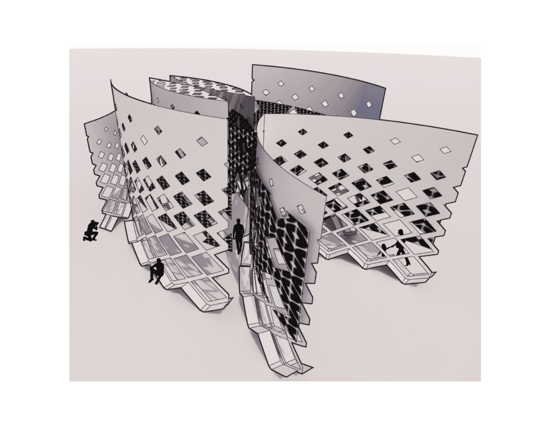 Bird's eye axonometric render reveals how curved perforated wall panels fold and intersect to form layered interior thresholds.