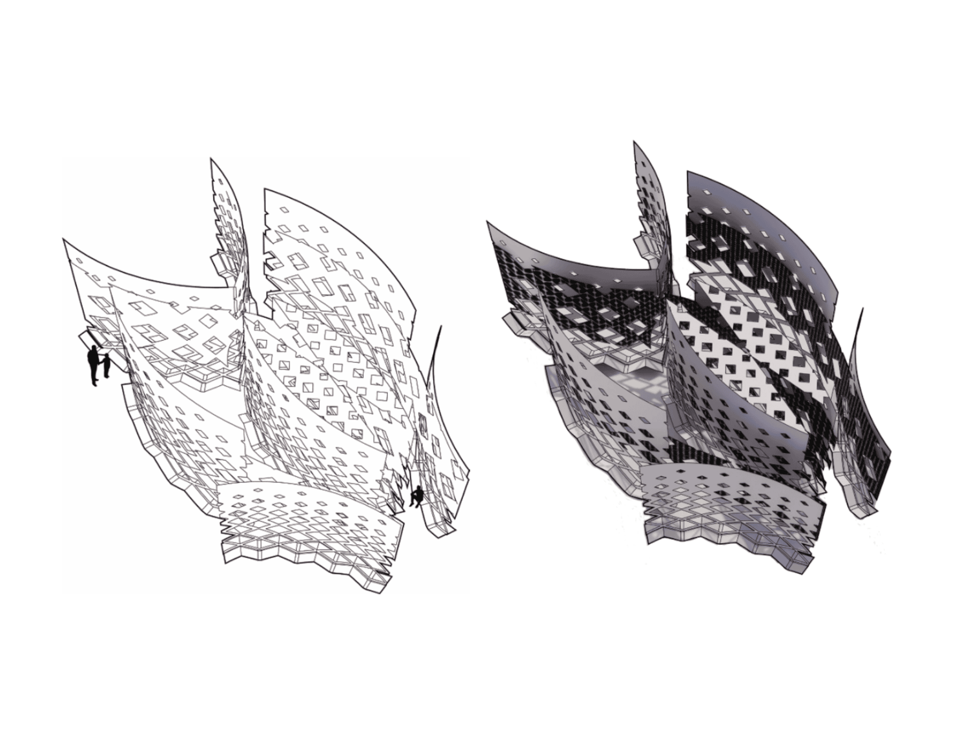 Wireframe and rendered axonometric studies sit side by side, tracking how digital modeling translated structural logic into spatial form.