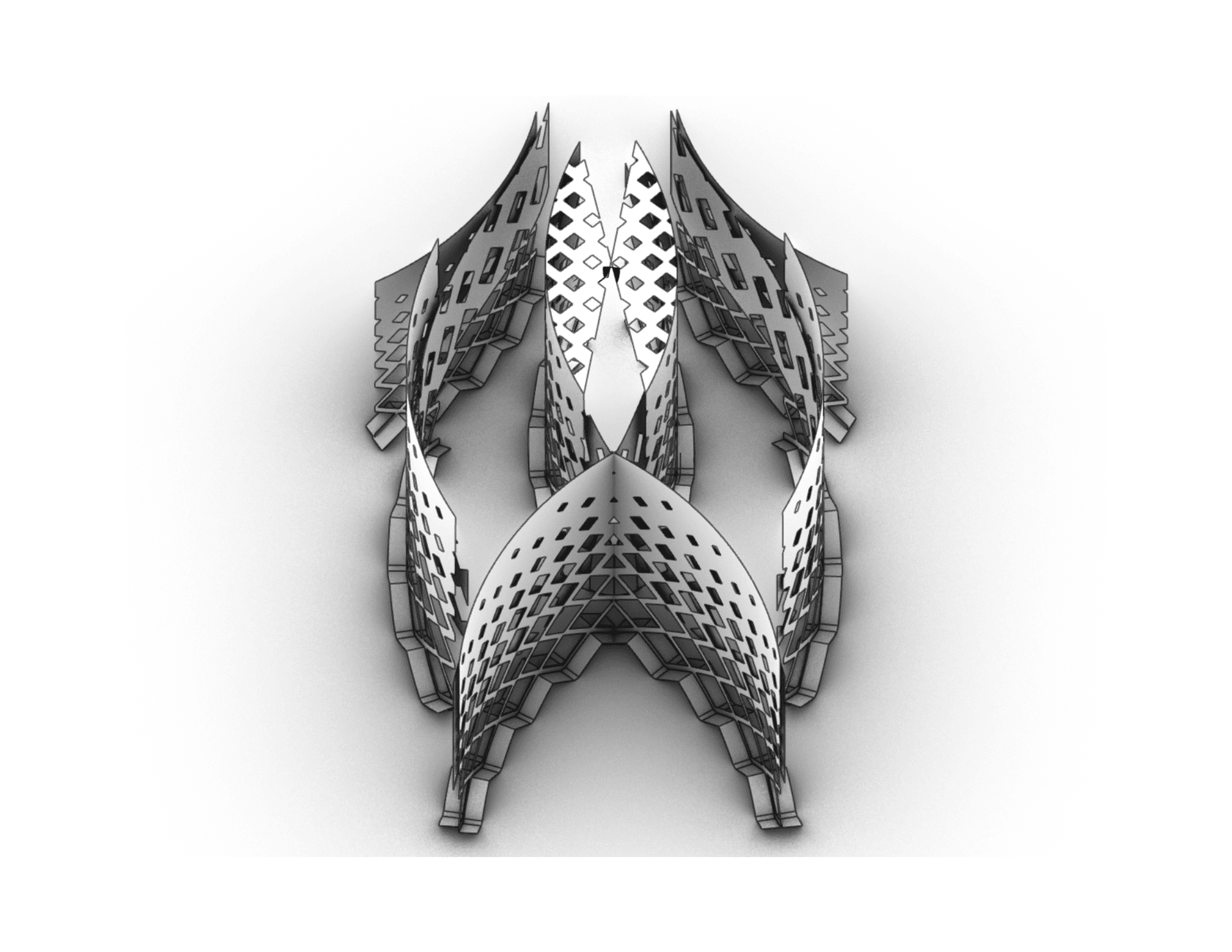 Top-down render exposes the radial symmetry of the threshold condition and the concentrated light at the structure's centre.