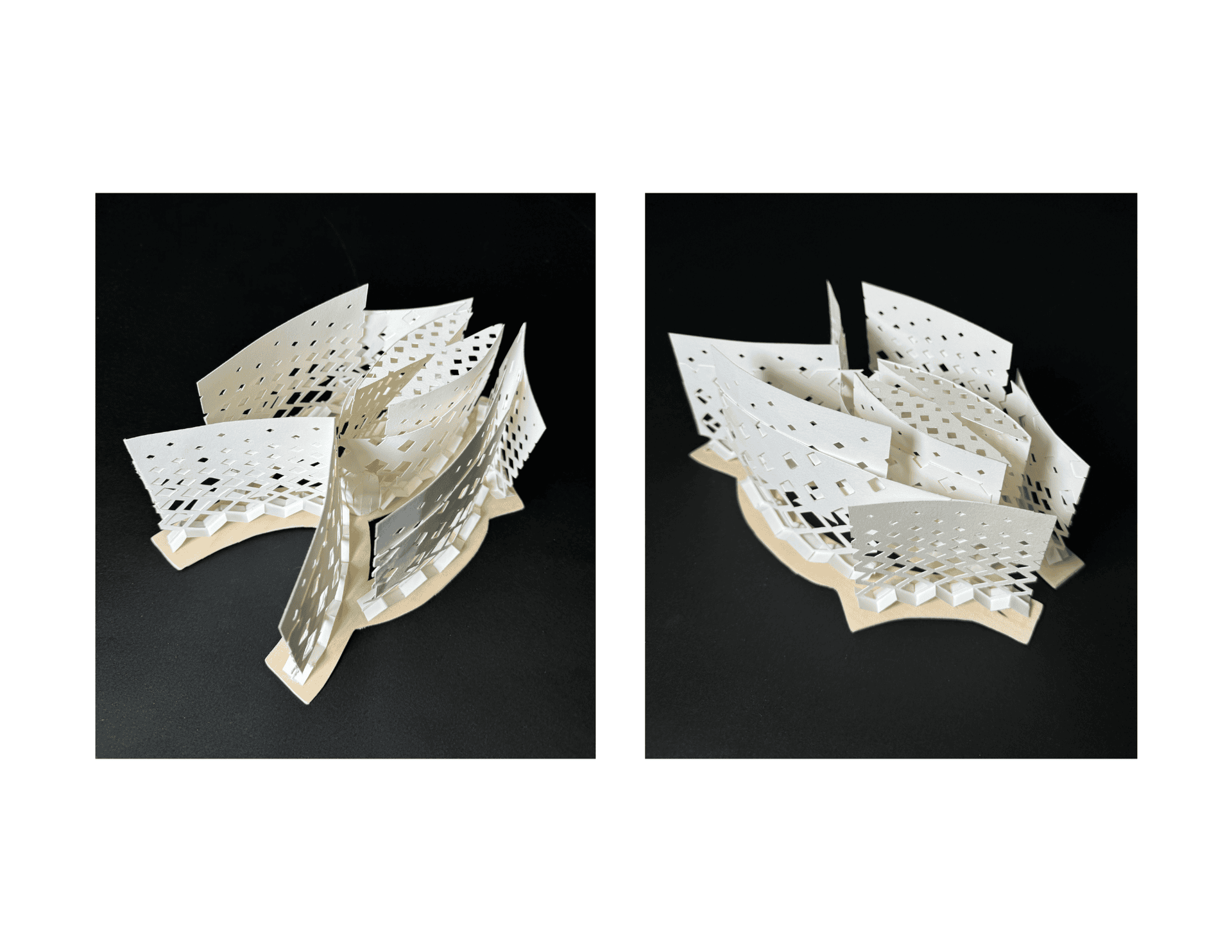 Laser-cut physical models test enclosure, perforation density, and the interplay of shadow cast through curved white panels.